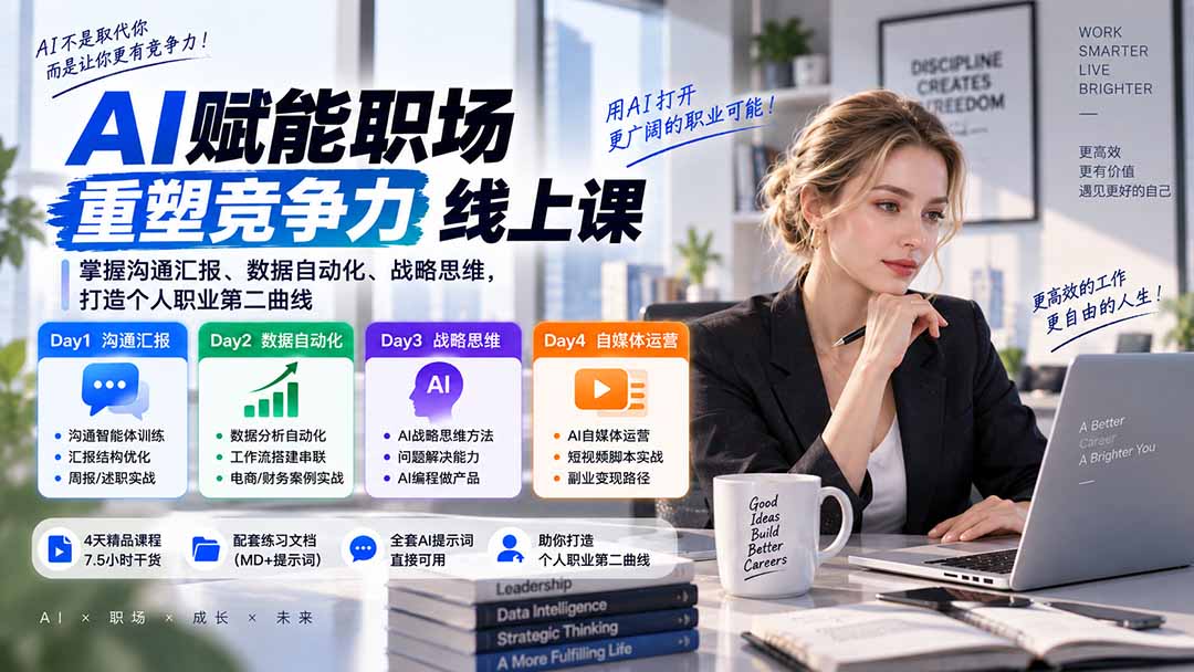 AI职场提效与第二曲线实战课-无水印:学习沟通汇报、数据工作流和战略思维,掌握AI编程做产品及自媒体运营方法江海课源资源网-全网优质资源免费下载-实用教程素材分享平课源网