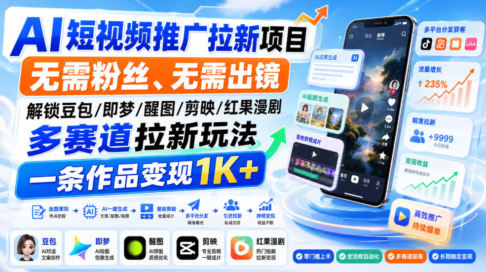 AI短视频推广拉新项目,无需粉丝、无需出镜,解锁豆包/即梦/醒图/剪映/红果漫剧多赛道拉新玩法,一条作品变现1K+(更新0918)江海课源资源网-全网优质资源免费下载-实用教程素材分享平课源网
