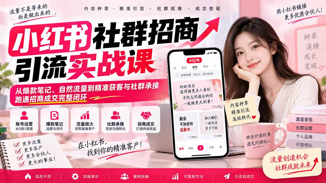 小红书社群招商引流实战课-无水印:从爆款笔记、自然流量到精准获客与社群承接,跑通招商成交完整闭环江海课源资源网-全网优质资源免费下载-实用教程素材分享平课源网