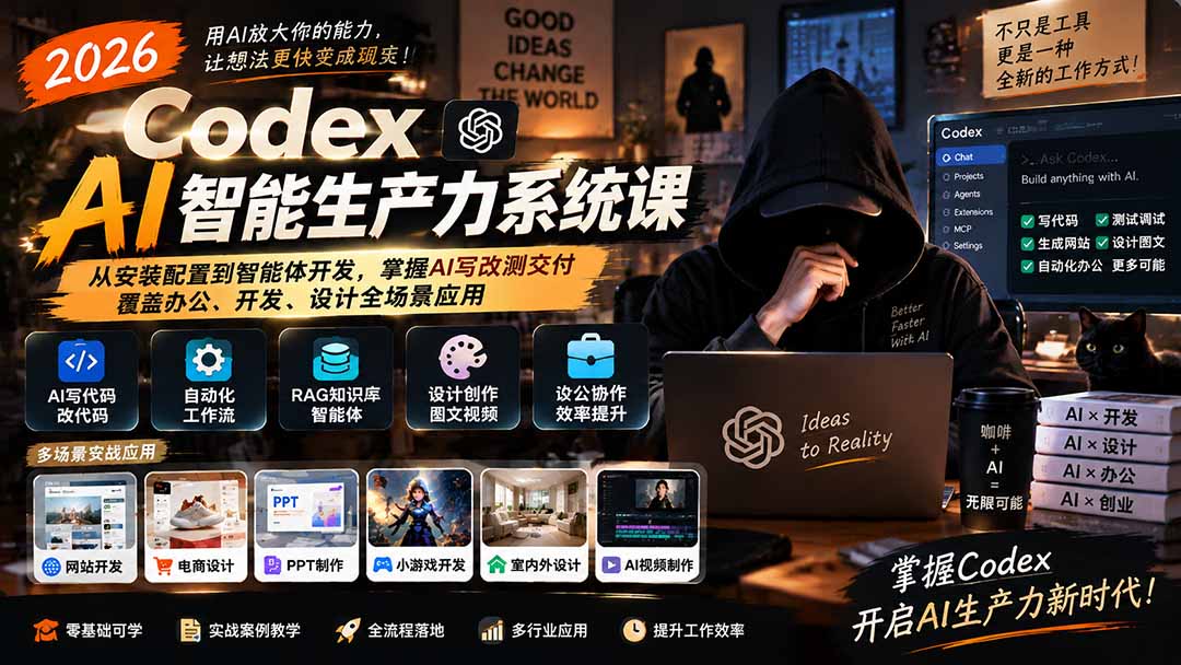 2026 Codex AI智能生产力系统课-更新|从安装配置到智能体开发,掌握AI写改测交付,覆盖办公、开发、设计全场景应用江海课源资源网-全网优质资源免费下载-实用教程素材分享平课源网