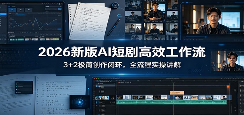 2026新版AI短剧高效工作流：3+2极简创作闭环，全流程实操讲解江海课源资源网-全网优质资源免费下载-实用教程素材分享平课源网
