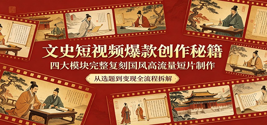 文史短视频爆款创作秘籍：四大模块完整复刻国风高流量短片制作江海课源资源网-全网优质资源免费下载-实用教程素材分享平课源网
