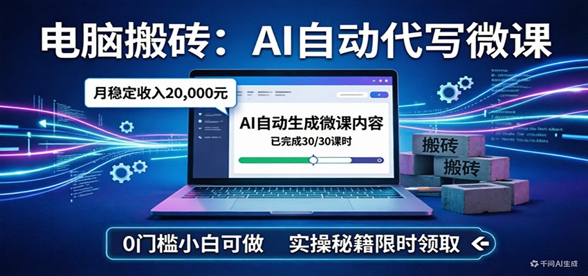 电脑搬砖AI自动代写微课，月稳定2W，0门槛小白可做，实操秘籍江海课源资源网-全网优质资源免费下载-实用教程素材分享平课源网