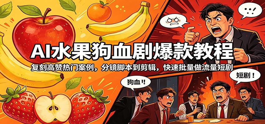AI水果狗血剧爆款教程：复刻高赞热门案例，分镜脚本到剪辑，快速批量做流量短剧江海课源资源网-全网优质资源免费下载-实用教程素材分享平课源网