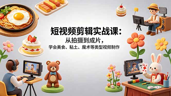 短视频剪辑实战课：从拍摄到成片，学会美食、粘土、魔术等类型视频制作江海课源资源网-全网优质资源免费下载-实用教程素材分享平课源网