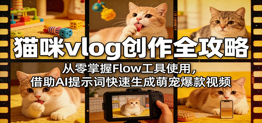 猫咪vlog创作全攻略:从零掌握Flow工具使用,借助AI提示词快速生成萌宠爆款视频江海课源资源网-全网优质资源免费下载-实用教程素材分享平课源网