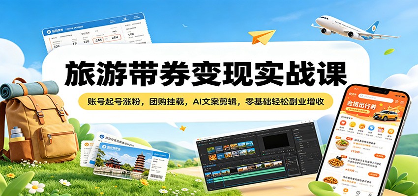 旅游带券变现实战课:账号起号涨粉,团购挂载,AI文案剪辑,零基础轻松副业增收江海课源资源网-全网优质资源免费下载-实用教程素材分享平课源网
